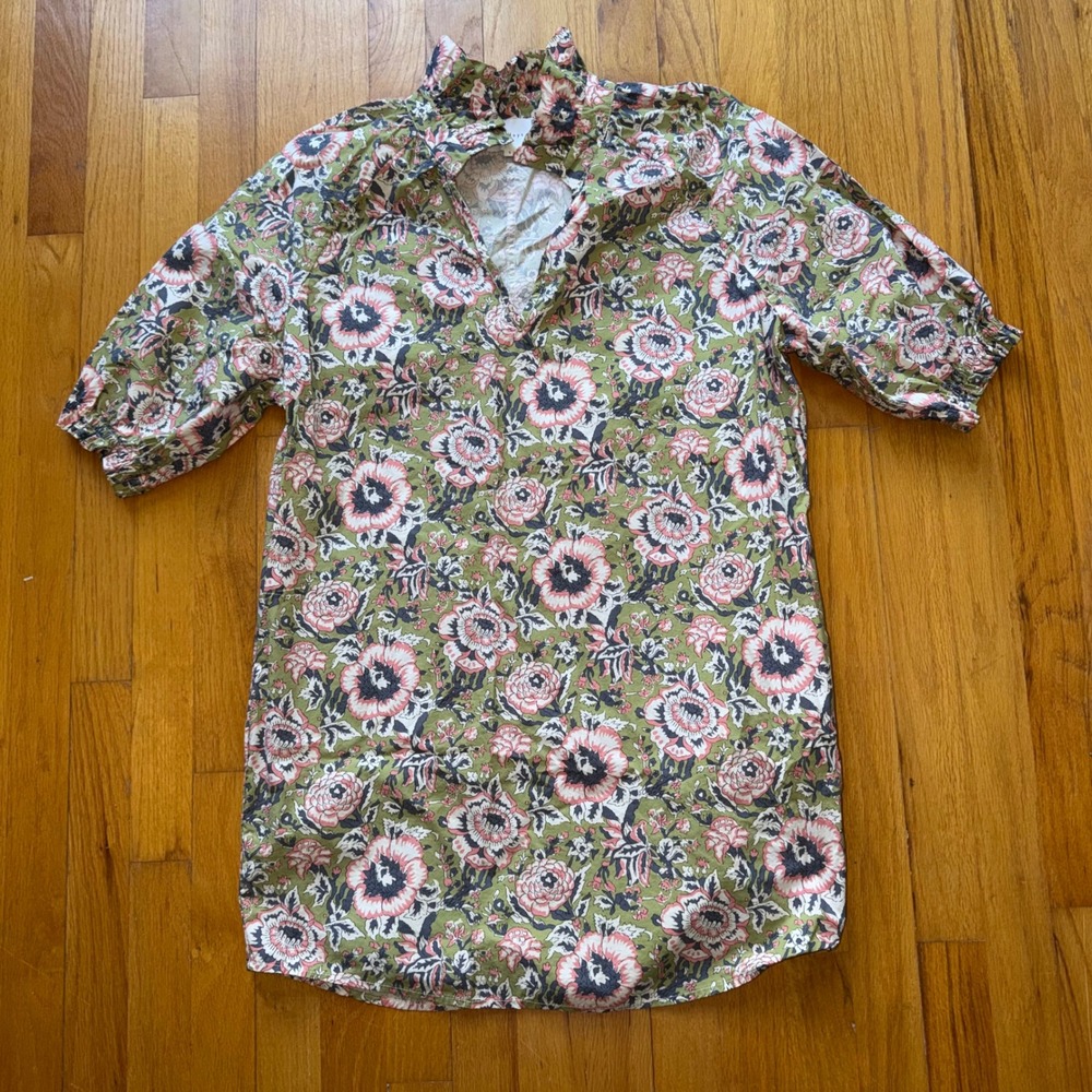 Sundays Floral Cotton Mini Dress Green Pink Ruffle V-Neck Puff Sleeve Garden S